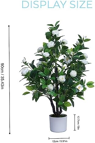 Artificial Camellia Tree 35in - White Flowers Green Leaves Decor