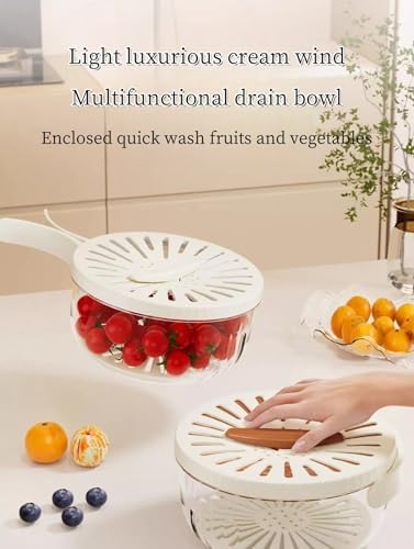 HJRYJSMultifunctional Fruit Washing Bowl with Handle and Lid White