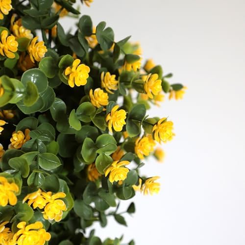 OAZALDA 2 Pack Artificial Boxwood Stems with Small Yellow Flowers Topiary Bonsai 25