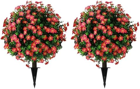 Sunnyglade Set of 2 Artificial Boxwood Topiary Trees with Red Blooms