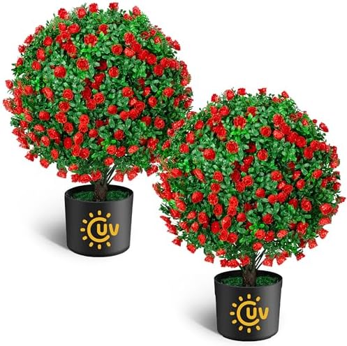 AOKIIE 216 Artificial Topiary Ball Trees with Red Flowers Set of 2