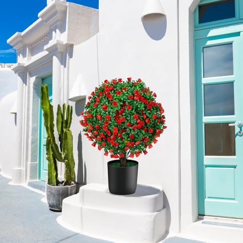AOKIIE 216 Artificial Topiary Ball Trees with Red Flowers Set of 2