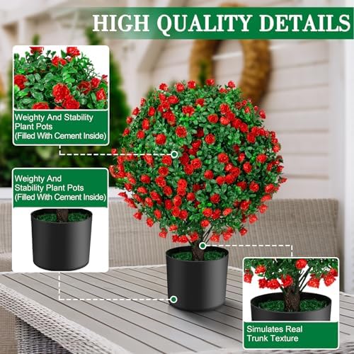 AOKIIE 216 Artificial Topiary Ball Trees with Red Flowers Set of 2