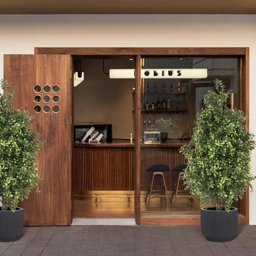 Usego 2-Pack Boxwood Faux Topiary Bushes Black Plastic Pot Faux Shrub 249ft