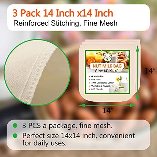 Premium 3-Pack Cotton Nut Milk Strainer Bags