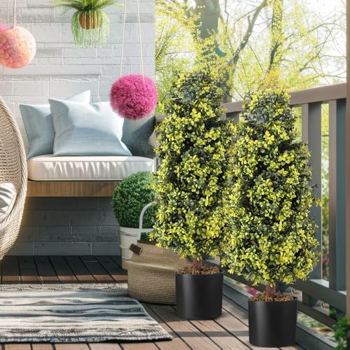 Jexine 2 Pcs Artificial Topiary Trees with Black Pot and Moss