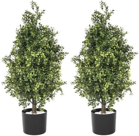 Usego 2-Pack Boxwood Faux Topiary Bushes Black Plastic Pot Faux Shrub 249ft