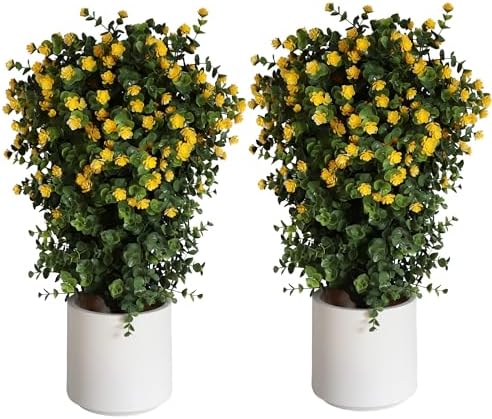 OAZALDA 2 Pack Artificial Boxwood Stems with Small Yellow Flowers Topiary Bonsai 25