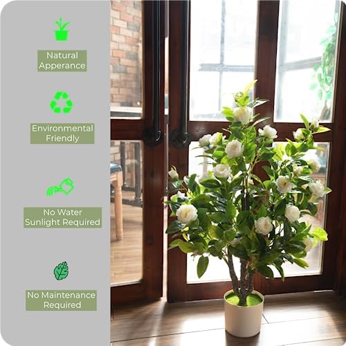 Artificial Camellia Tree 35in - White Flowers Green Leaves Decor