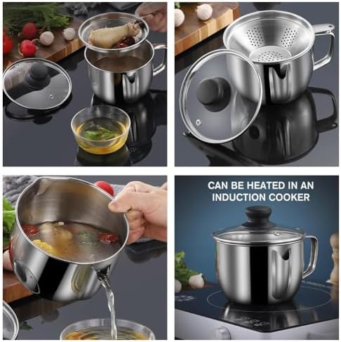 Stainless Steel 1000ml Fat Separator with Glass Lid for Kitchen
