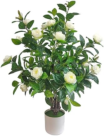 Artificial Camellia Tree 35in - White Flowers Green Leaves Decor