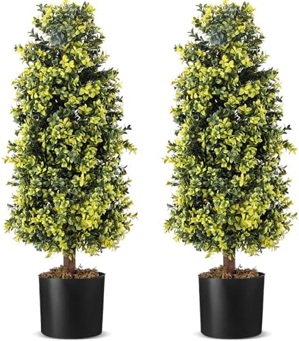 Jexine 2 Pcs Artificial Topiary Trees with Black Pot and Moss