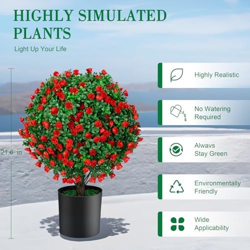 AOKIIE 216 Artificial Topiary Ball Trees with Red Flowers Set of 2