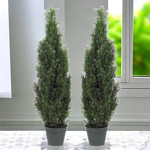 Two Pre-Potted 3 Artificial Cedar Topiary Outdoor Indoor Display