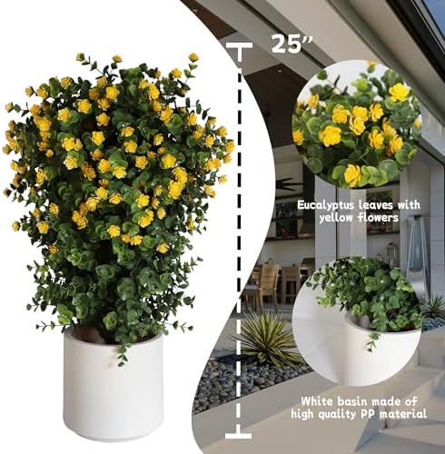 OAZALDA 2 Pack Artificial Boxwood Stems with Small Yellow Flowers Topiary Bonsai 25