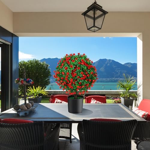 AOKIIE 216 Artificial Topiary Ball Trees with Red Flowers Set of 2