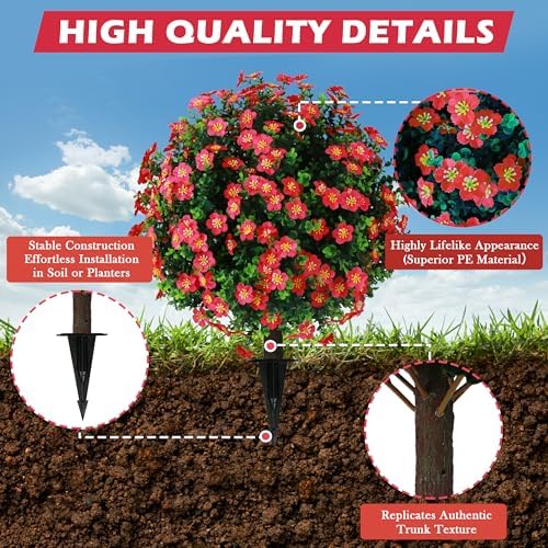 Sunnyglade Set of 2 Artificial Boxwood Topiary Trees with Red Blooms